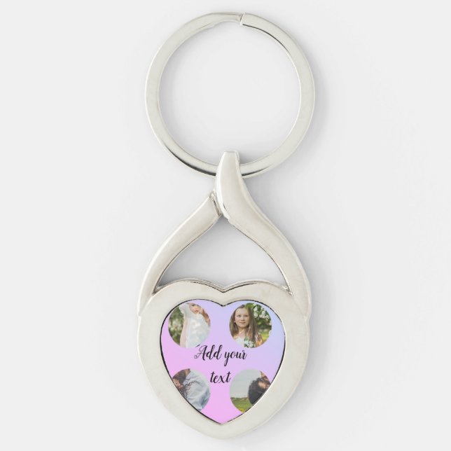 lägg till ditt namn på fotosamlingstext på ett enk twisted heart silverfärgad nyckelring (Framsidan)