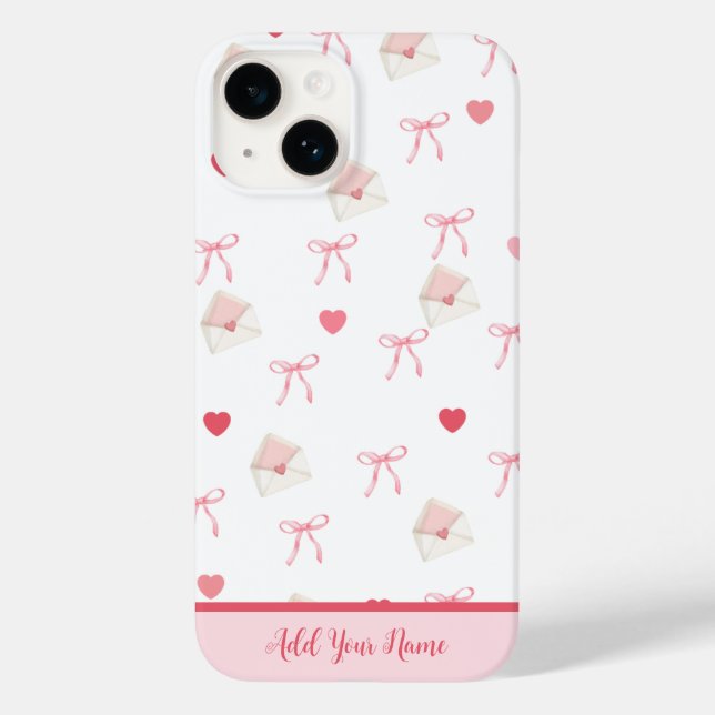 Lägg till ditt namn - Rosa Girly Bow Heart iphone  (Baksida)