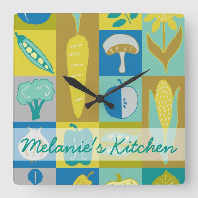 Lägg till ditt namn| Veggie Blocks II Fyrkantig Klocka (Framsida)