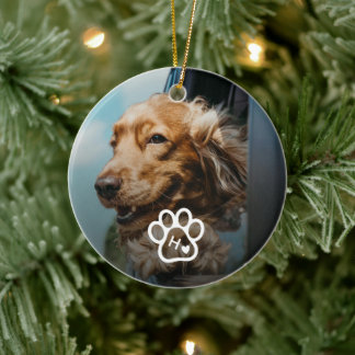 Lägg till eget fotohund-djurmonogram julgransprydnad keramik