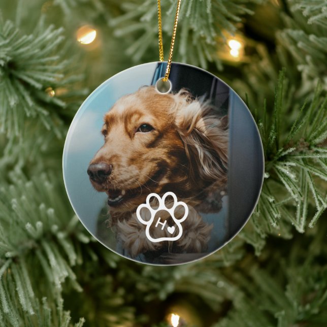 Lägg till eget fotohund-djurmonogram julgransprydnad keramik (Träd)