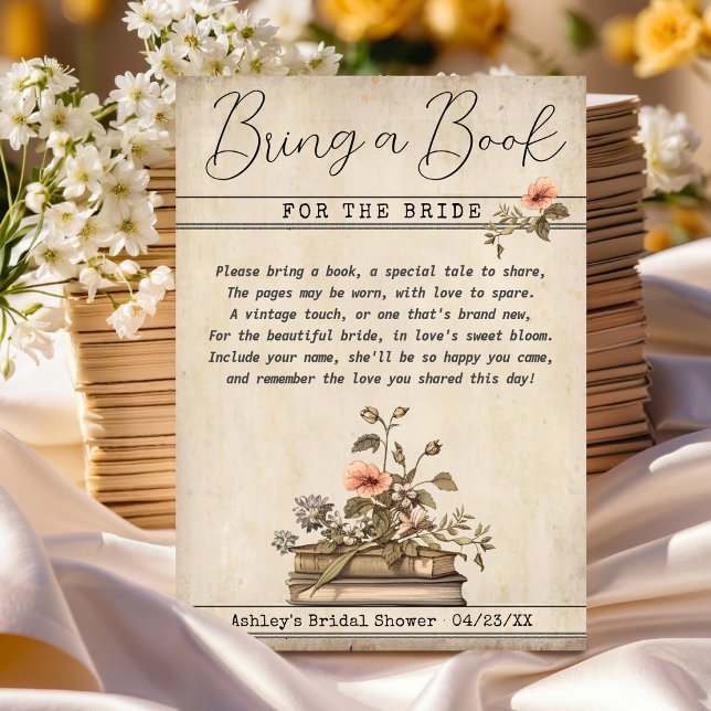 Lägg till en Bok för infogning av Möhippan Bride Inbjudningar (Vintage Bring a Book for the Bride watercolor floral library card literary bridal shower insert card)