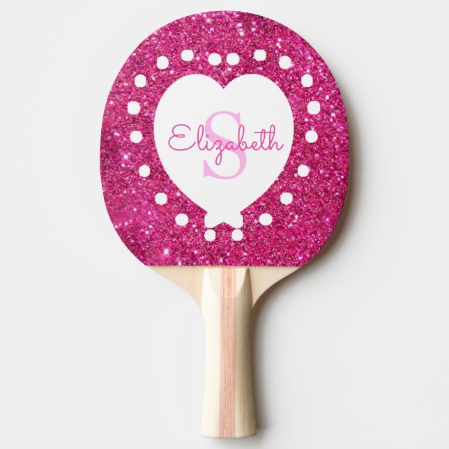 Lägg till ett Monogram Rosa Glitter White Heart fr Pingisracket (Framsidan)