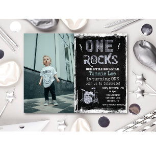 Lägg till foto Rockstar trumset 1-års födelsedagsi Inbjudningar