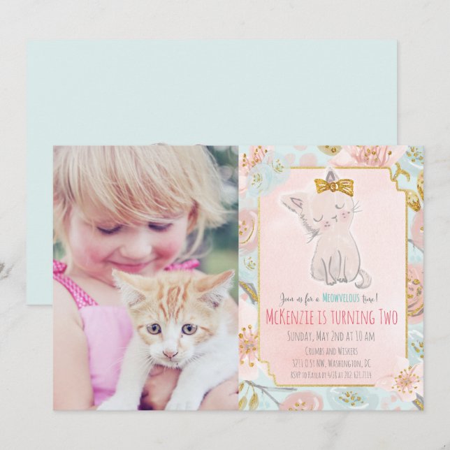 LÄGG TILL FOTO - Söt litet katt blommig födelsedag Inbjudningar (Fram/baksida)