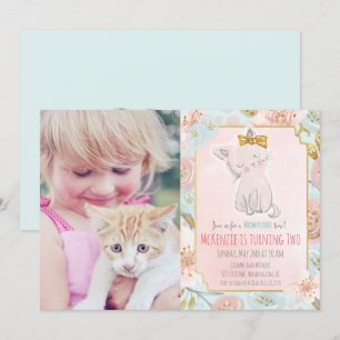 LÄGG TILL FOTO - Söt litet katt blommig födelsedag Inbjudningar