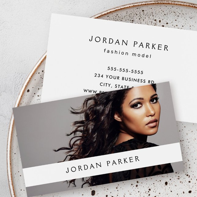 Lägg till foto trendig mode modell vit visitkort (Add photo trendy fashion model white business card)