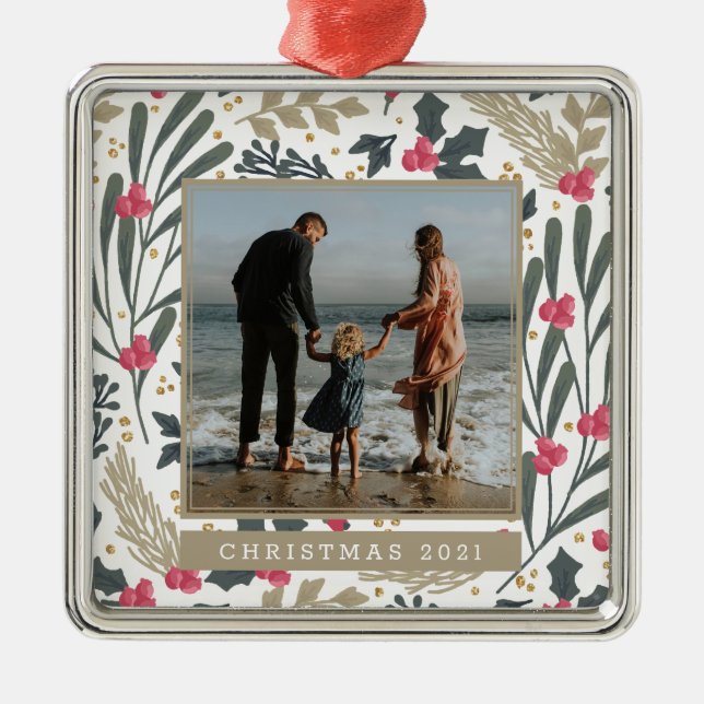 Lägg till foto | Vattenfärg Holly & Berries Julgransprydnad Metall (Framsidan)