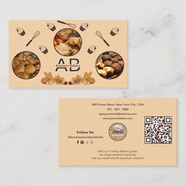 Lägg till foton Cute Professionell Monogram Bakery Visitkort (Fram/baksida)