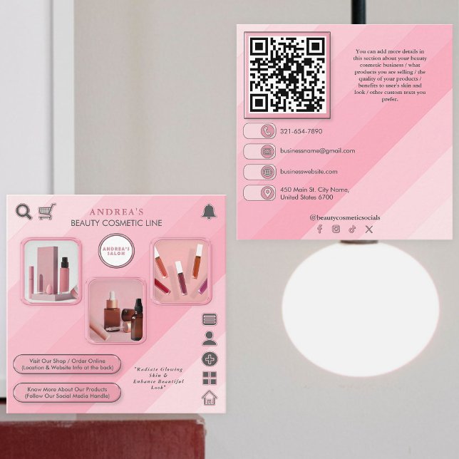 Lägg till foton QR Code Rosa för skönhetskosmetisk Fyrkantigt Visitkort (Skapare uppladdad)