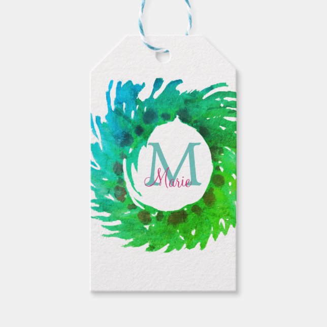 Lägg till grönt av rosa grönt i monogram - julkran presentetikett (Framsidan)