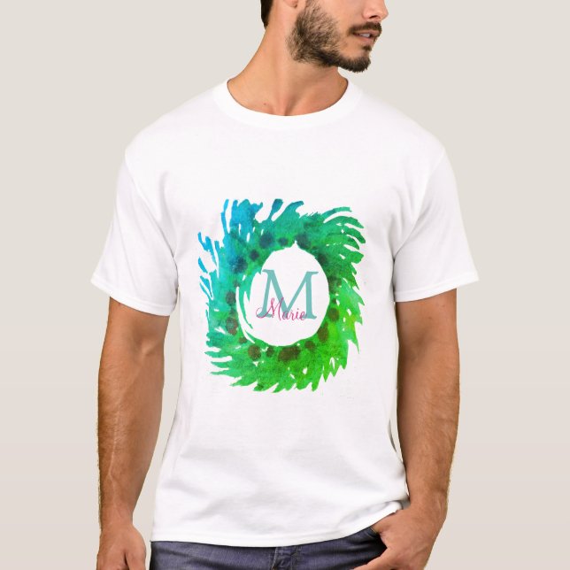 Lägg till grönt av rosa grönt i monogram - julkran t shirt (Framsida)