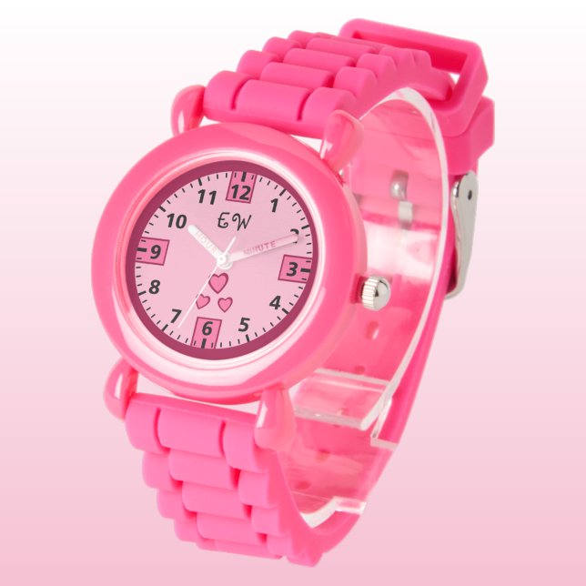 Lägg till initialer-hjärtan-rosa-barn armbandsur (Skapare uppladdad)