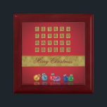 Lägg till kalenderjulprydnader minnesask<br><div class="desc">God jul illustration med en fantastisk kalender och färgstarka julbalkar på röd bakgrund.</div>