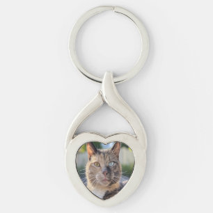 Lägg till kattfoto Anpassa Twisted Heart Silverfärgad Nyckelring