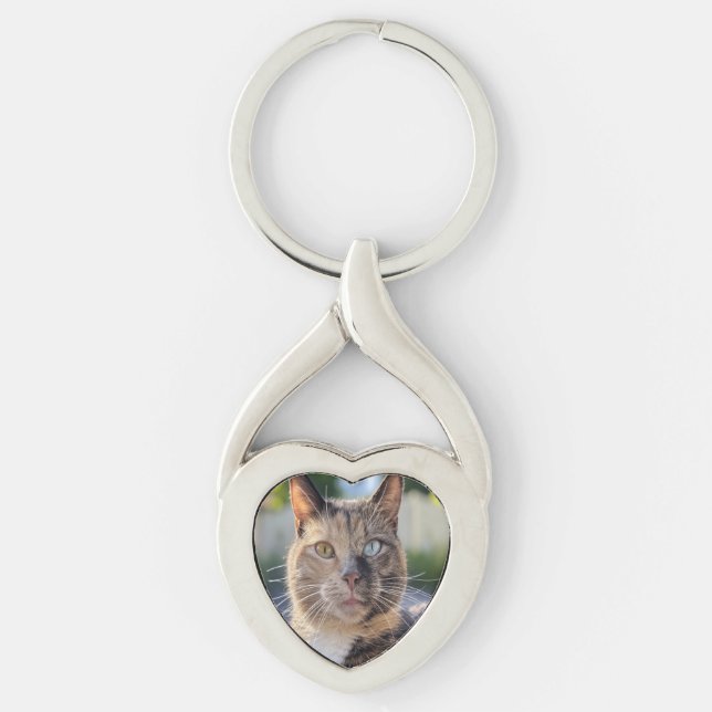 Lägg till kattfoto Anpassa Twisted Heart Silverfärgad Nyckelring (Framsidan)
