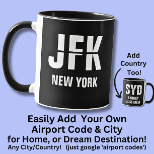 Lägg till kod och ort, JFK NEW YORK, flygplatskod Mugg