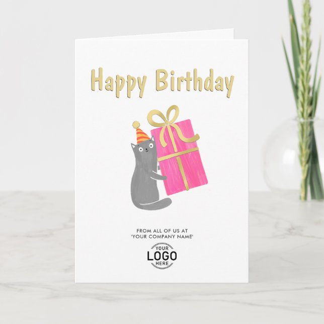Lägg till Logotyp Cute Cat Big Rosa Gift Business  Kort (Framsida)