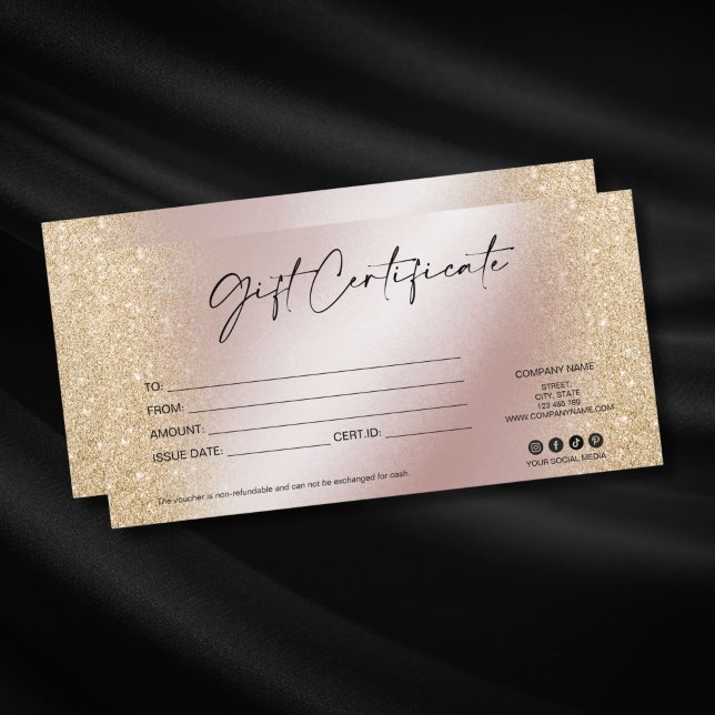 Lägg till logotyp för det moderna lyxkortet (rose gold and gold glitter elegant gift voucher with modern typography)