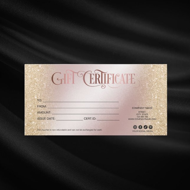 Lägg till logotyp för det moderna lyxkortet (ROSE GOLD AND GOLD GLITTER GIFT CERTIFICATE )