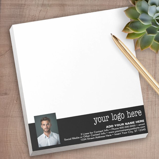 Lägg till Logotyp och foto - Business Contact Info Anteckningsblock (Personalized Notepad with Your Logo - add contact info for a great promotional product)