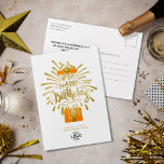 Lägg till Logotyp Orange Gift Guld Fireworks Group Helg Vykort<br><div class="desc">Anpassa den här roligtens moderna, enkla företagsvykort för Grattis på födelsedagen. Snyggtens rena design med faux-fyrverkerier i guld med handskrift av Grattis på födelsedagen från en öppen vattenfärgad presentlåda med öppen orange med faux-färgband i guld. Observera att guld inslag är beige gult platt färg och inte guld. Ersätt logotypen här...</div>