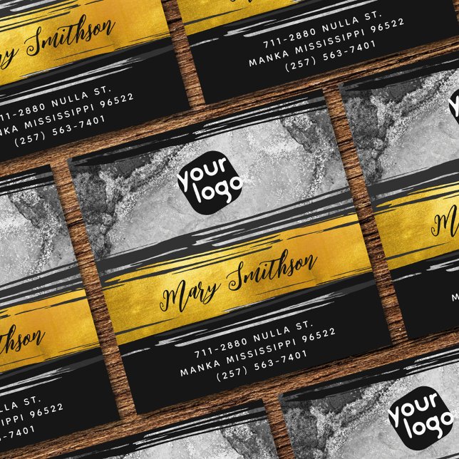 Lägg till Logotyp, QR-kod Social Media Guld Black  Fyrkantigt Visitkort (Skapare uppladdad)