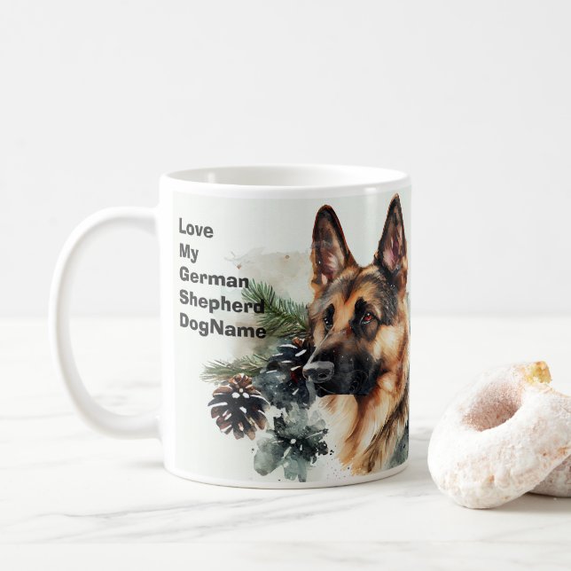 Lägg till Namn-ändringstext, tyska shepherd i Snö  Kaffemugg (Med munk)