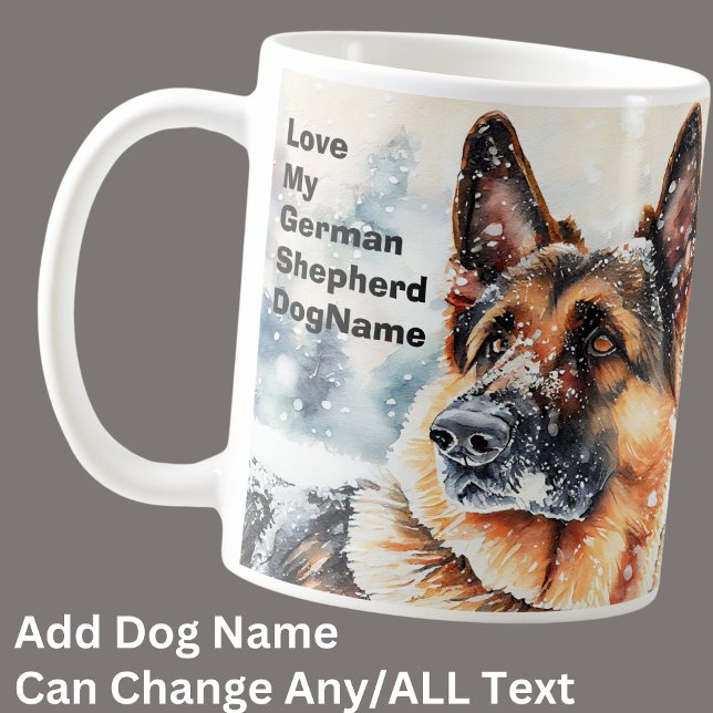 Lägg till Namn-ändringstext, tyska shepherd i Snö  Kaffemugg (Skapare uppladdad)