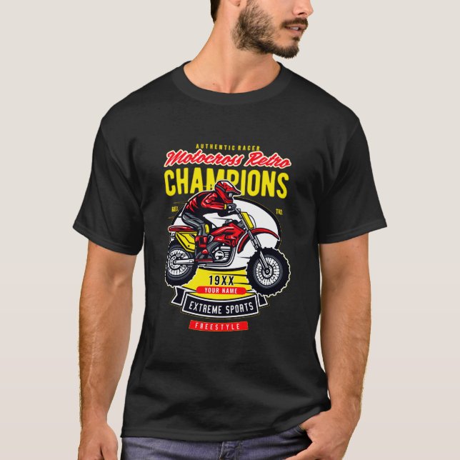 Lägg till Namn-årets motocross Retro Champions Rid T Shirt (Framsida)