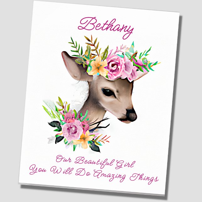 Lägg till Namn, Baby Hjort med Rosa Flowers Poster (Skapare uppladdad)