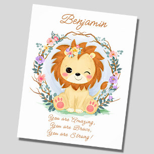 Lägg till Namn, Baby Lejon och blommor, Nursery Poster