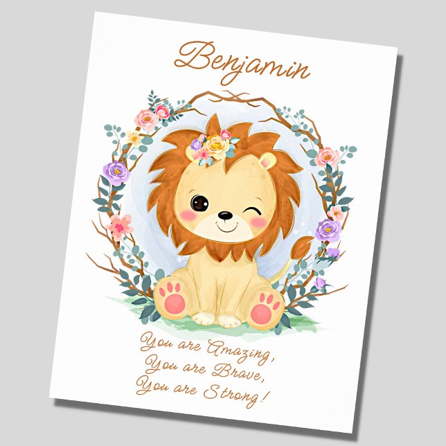 Lägg till Namn, Baby Lejon och blommor, Nursery Poster (Skapare uppladdad)