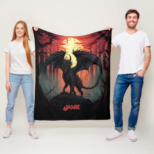 Lägg till Namn Black Dragon i Forest vid Sunset Fleecefilt