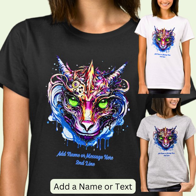 Lägg till Namn, Blått Rosa Fantasy Dragon Grönt Ög T Shirt (Skapare uppladdad)