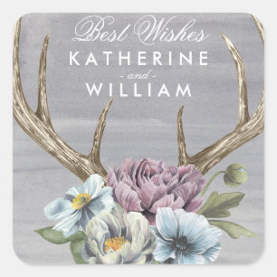Lägg till Namn   Blommigt Hjort Antlers Fyrkantigt Klistermärke