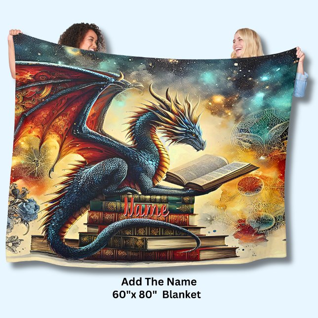 Lägg till Namn, Bok Dragon för Fantasy Reader Book Fleecefilt (Skapare uppladdad)