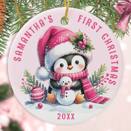 Lägg till Namn Cute Penguin Girly Rosa Första jul Julgransprydnad Keramik