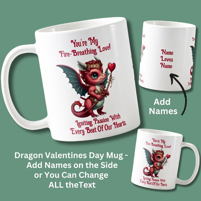 Lägg till Namn, Dragon Valentines day Red Heart Kaffemugg (Skapare uppladdad)