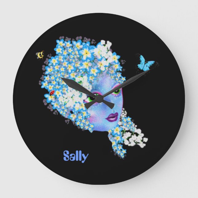 Lägg till namn Flower Fairy-klocka, söt-blåebulk Stor Klocka (Framsida)