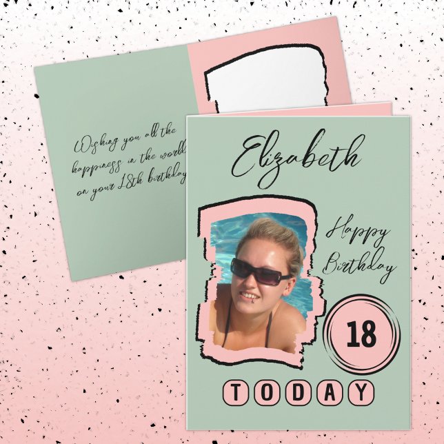 Lägg till namn fotorosa grönt 18-årsdag kort (Skapare uppladdad)
