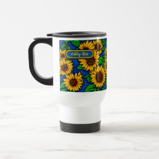 Lägg till Namn Golden Sunblommor & Löv på Mörk blå Resemugg