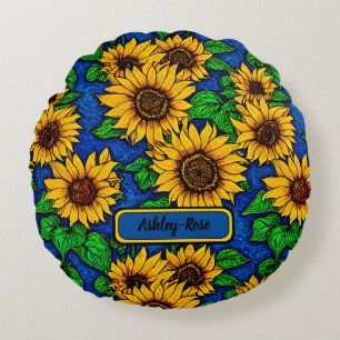 Lägg till Namn Golden Sunblommor & Löv på Mörk blå Rund Kudde