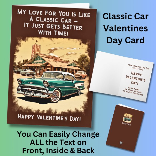 Lägg till Namn, Grönt Klassisk bil Valentines day Kort (Skapare uppladdad)