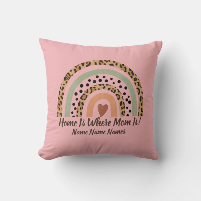 Lägg till Namn Hem är där Mamma Leopard Rainbow Ro Kudde (Framsida)