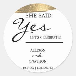Lägg till namn hon sa ja guld glitter förlovning k runt klistermärke