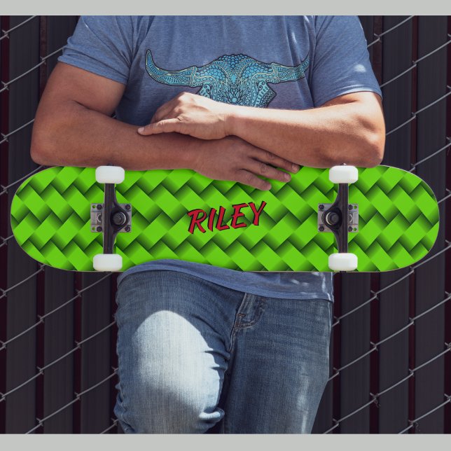 Lägg till Namn Initialer, Grönt Woven Hash Mönster Mini Skateboard Bräda 18,5 Cm (Skapare uppladdad)