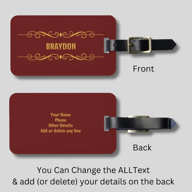 Lägg till Namn Maroon Mörk Red med Gult Guld Bagagebricka (Skapare uppladdad)