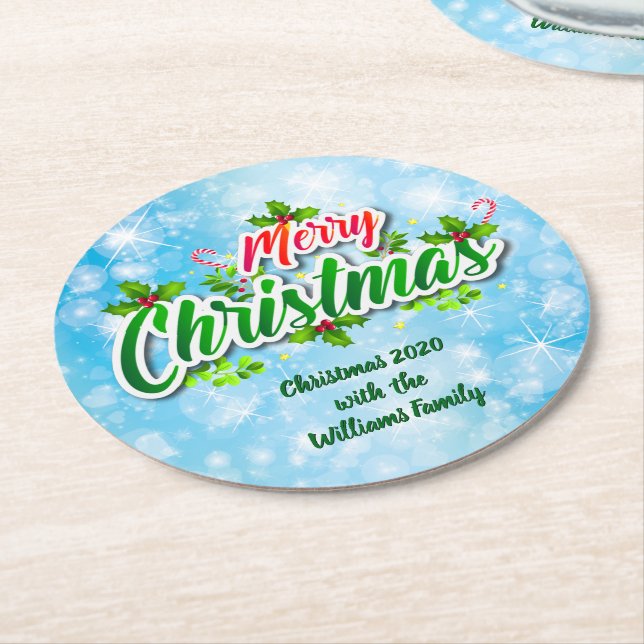 Lägg till Namn matchande God jul Blue Underlägg Papper Rund (Vinklad)