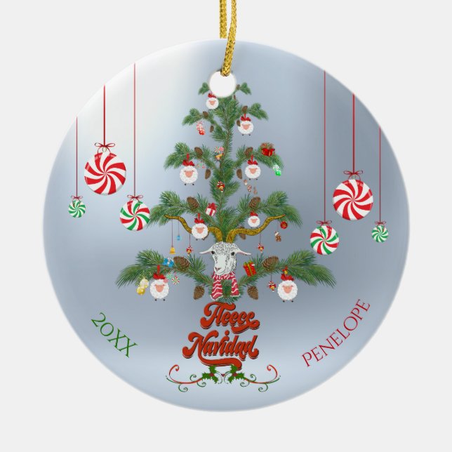 Lägg till Namn och datum Ull Navidad Sheep jul T Julgransprydnad Keramik (Framsidan)